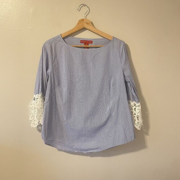 Saks Fifth Avenue Cotton Nautical Striped Lace Blouse Sz M - Picture 1 of 4